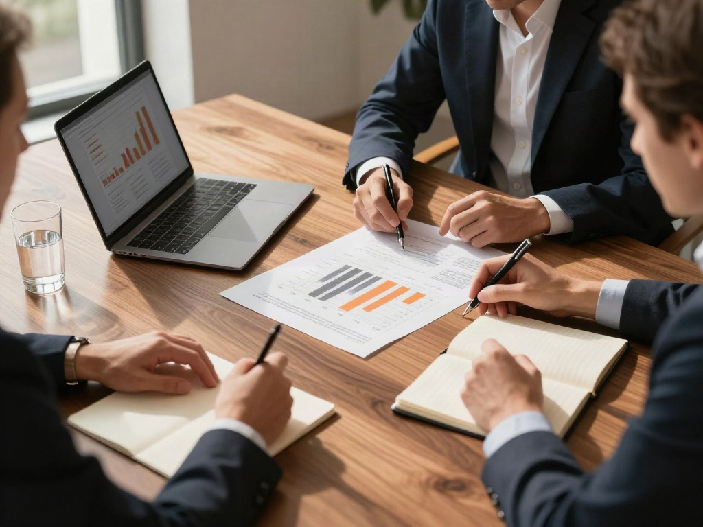 A collaborative business review with printed performance charts and a laptop on a walnut meeting table