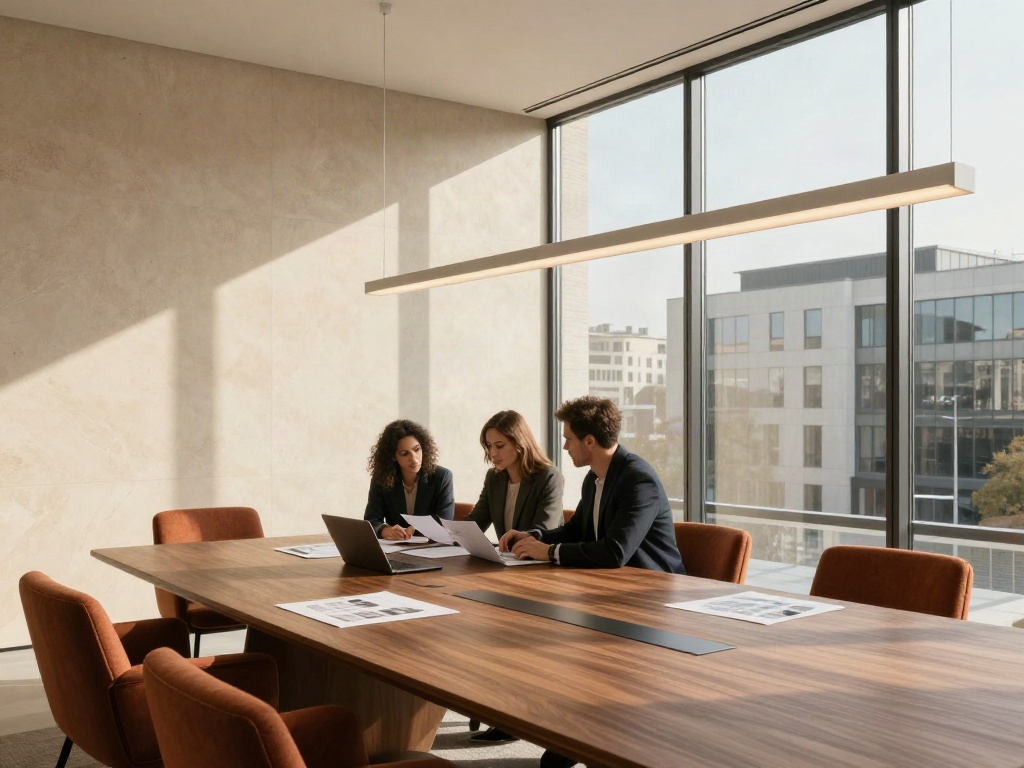 Consultants reviewing strategy at a walnut table in a sunlit contemporary meeting room